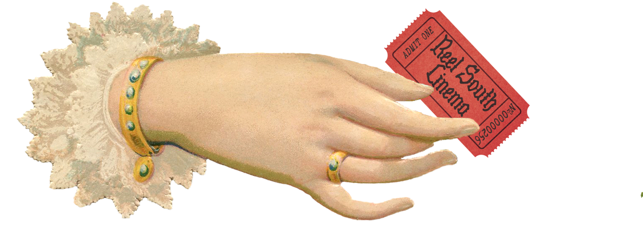 A vintage illustrated hand holding a Reel South Cinema admission ticket